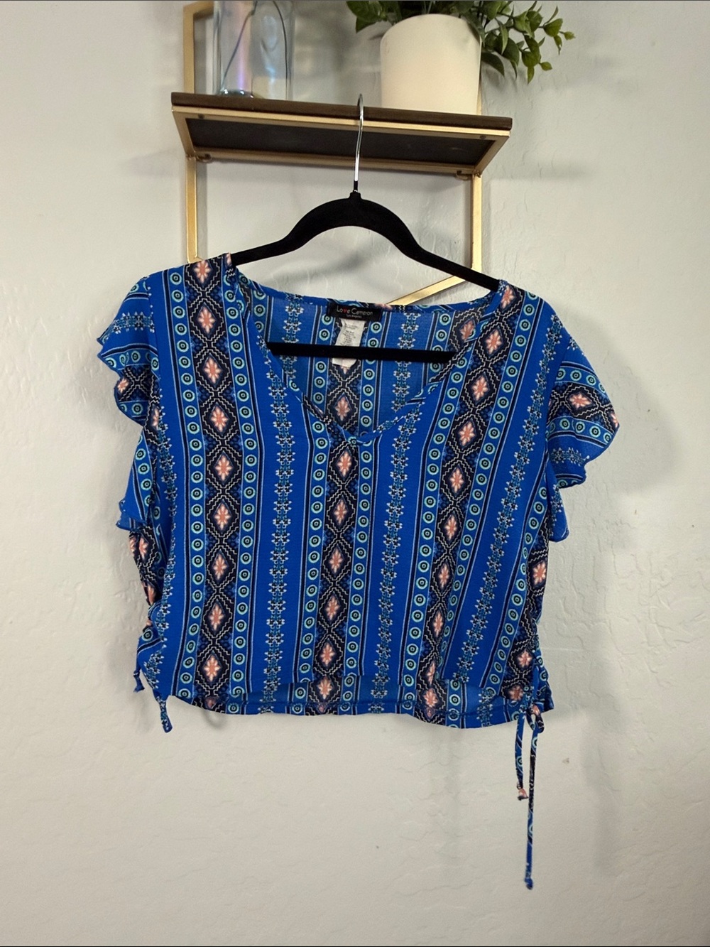 Blue Patterned V-Neck Tie-Side Crop Top